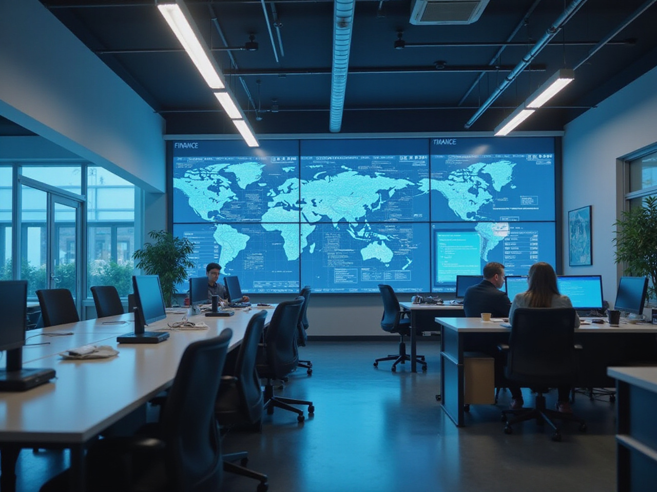 Modern office environment with digital screens and automated business processes